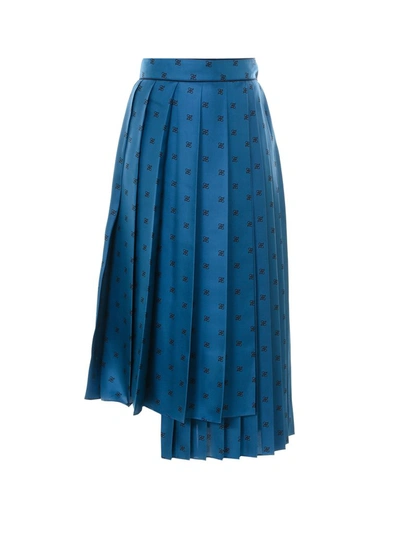 Fendi Karligraphy Pleated Logo-print Silk Midi Skirt In Blue