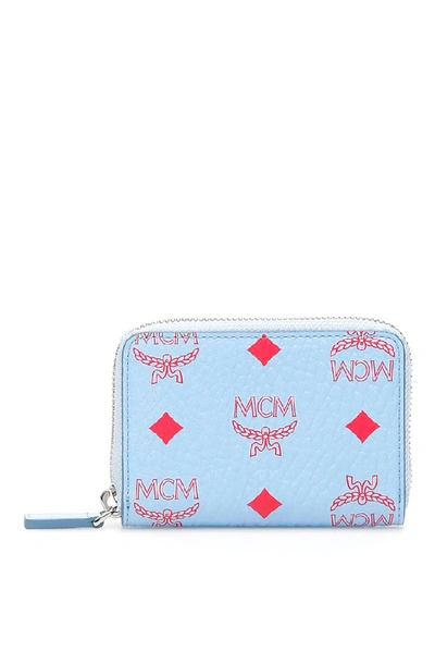 Mcm Visetos Zip Mini Wallet/card Holder In Light Blue,red