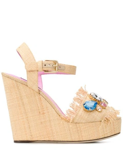 Dolce & Gabbana Wedge Sandals In Tropea Straw With Embroidery In Beige