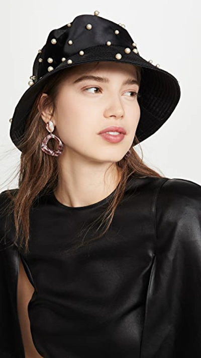 Jennifer Behr Mallorie Swarovski Pearl-embellished Satin Bucket Hat In Black