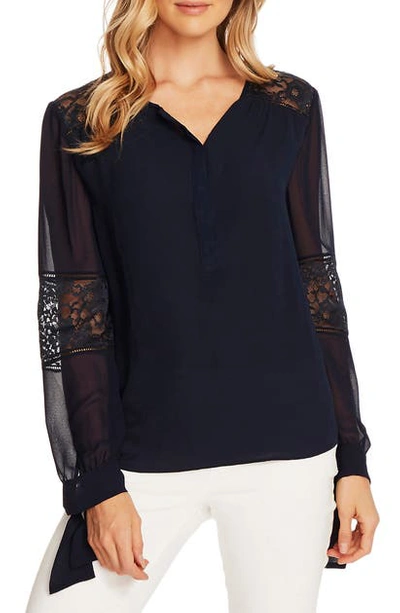 Vince Camuto Tie-cuff Lace-trim Rumple Blouse In Night Navy