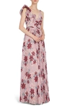 ML MONIQUE LHUILLIER RUFFLE SHOULDER FLORAL CHIFFON GOWN,4412257