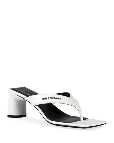 Balenciaga Double Square Block-heel Leather Thong Sandals In White