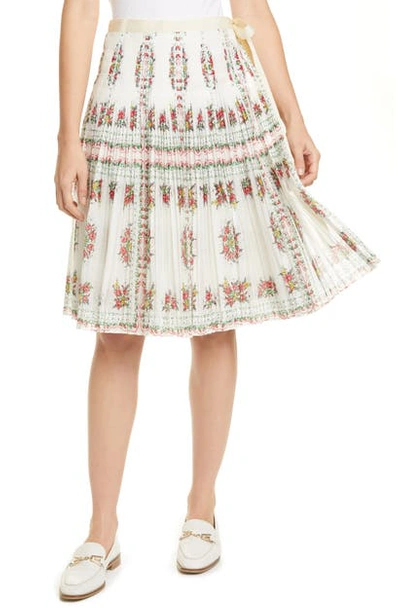 Tory Burch Pleated Floral-print Cotton And Silk-blend Wrap Skirt In White