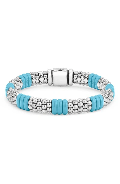 Lagos Sterling Silver Caviar Blue Ceramic Signature Bracelet In Silver/ Blue