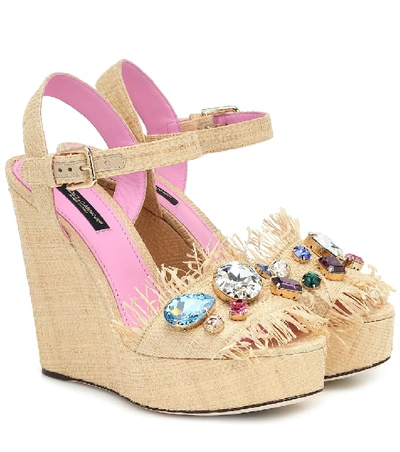 Dolce & Gabbana Wedge Sandals In Tropea Straw With Embroidery In Beige
