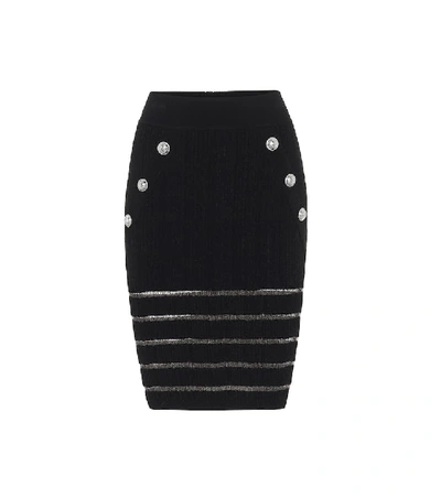 Balmain Sheer Striped And Buttoned Viscose Stretch Skirt In Black
