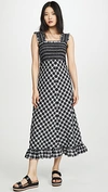 Ganni Smocked Checked Cotton-blend Seersucker Maxi Dress In Black