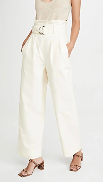 Ganni Belted Cotton-blend Drill Wide-leg Trousers In White