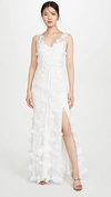 MARCHESA NOTTE V NECK EMBROIDERED GOWN WITH 3D CHIFFON FLOWERS AND FRONT SLIT