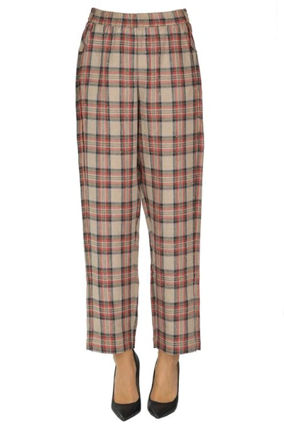 8pm Checked Print Linen Trousers In Multi
