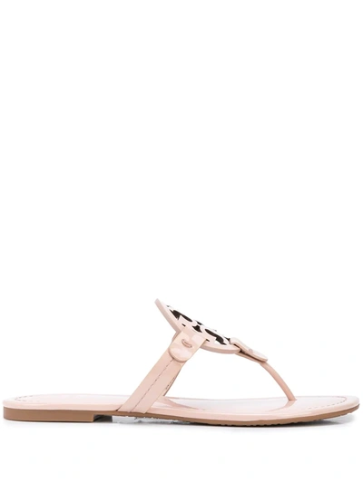 Tory Burch Miller Medallion Patent Leather Flat Thong Sandals In   Sea Shell Pink Patent Leather