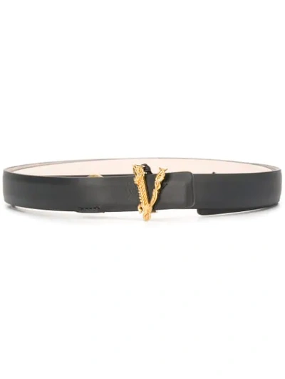Versace V Logo Calf Leather Belt In Nero Oro