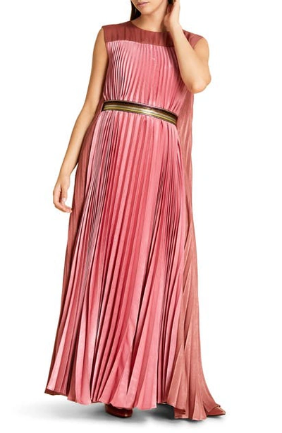 Marina Rinaldi Pleated Satin Dress W/ Belt In Pink,multi