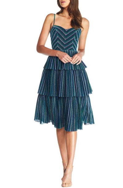 Dress The Population Kathy Glitter Stripe Tiered Ruffle Cocktail Dress In Electric Blue Multi