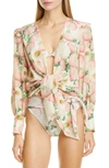 ADRIANA DEGREAS FLORAL PRINT SILK COVER-UP BLOUSE,CAAF0080V20