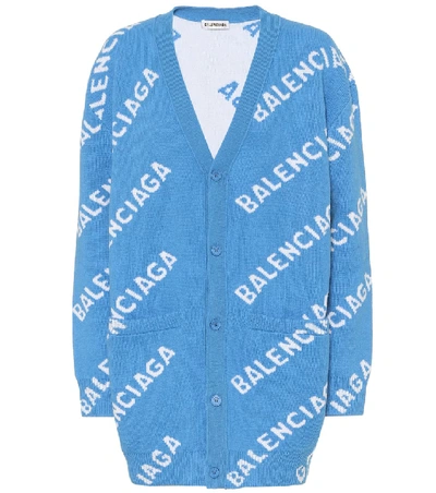 Balenciaga Logo嵌花针织羊毛开衫 In Blue