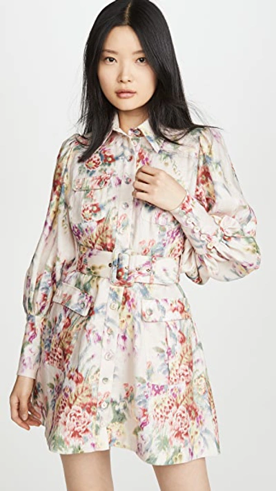 Zimmermann Wavelength Belted Floral-print Linen Mini Dress In Pink