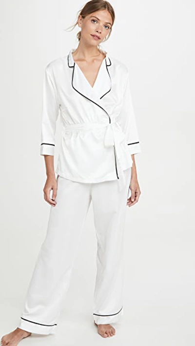 Bluebella Wren Satin Kimono And Trousers Pyjama Set In Ivory-white In Ivory/black