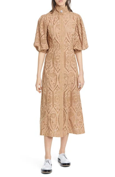 Ganni Broderie Anglaise Puff Sleeve Dress Colour: Beige In Neutral