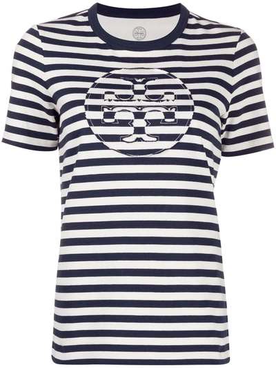 Tory Burch Stripe Cotton Jersey Logo T-shirt In Blue,white