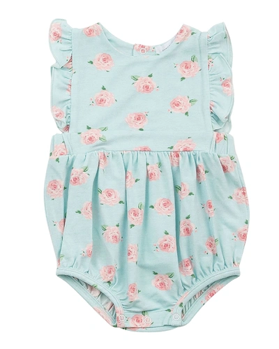 Angel Dear Kids' Girl's Petite Rose-print Ruffle-trim Romper In Blue