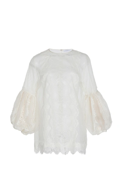 Andrew Gn Chantilly Lace-paneled Silk-blend Point D'esprit Blouse In White