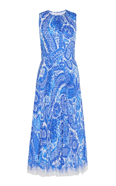 Andrew Gn Lace-trimmed Floral-print Cotton-poplin Dress In Blue