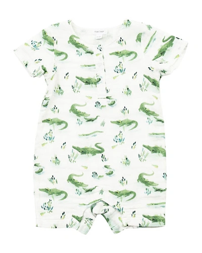 Angel Dear Kids' Boy's Gator Print Muslin Henley Shortall In Green