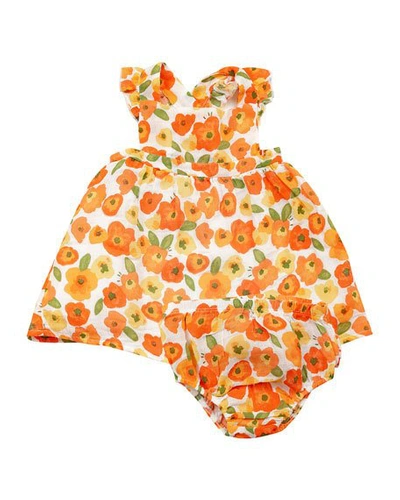 Angel Dear Kids' Poppies Print Pinafore Muslin Dress W/ Matching Bloomers In Orange