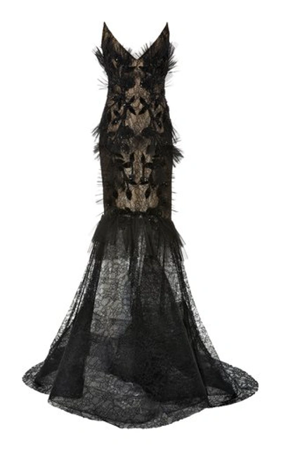 Pamella Roland Strapless Chantilly Lace Dress In Black