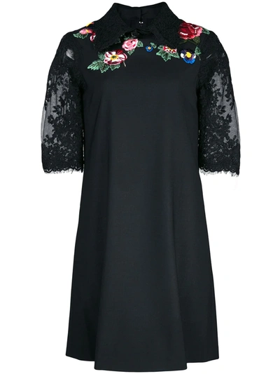 Marchesa Floral Lace Embroidered Mini Dress In Black