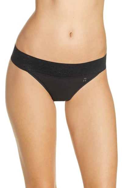 Tommy John Cool Cotton & Lace Thong In Black