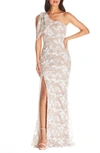 DRESS THE POPULATION GENEVIEVE ONE-SHOULDER FLORAL LACE GOWN,DDR437-K194