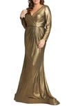 Mac Duggal Metallic Long Sleeve Faux Wrap Gown In Bronze
