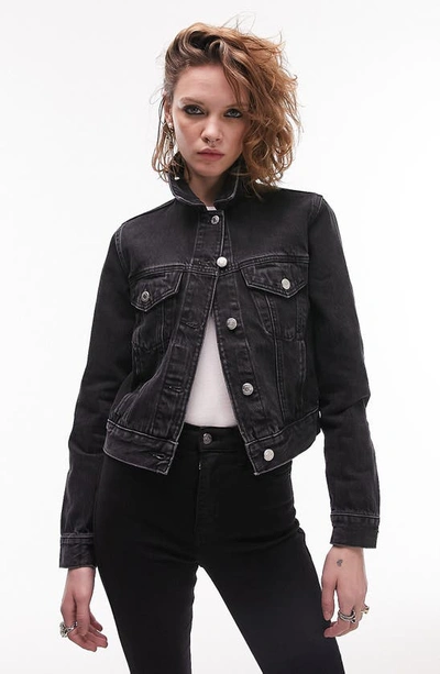 Topshop Shrunken Denim Jacket In Washed Black