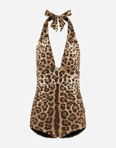 Dolce & Gabbana Women Leopard Printed Sensitive Fabric One-piece Swimsuit In Brown