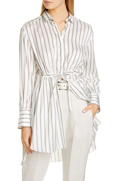 Brunello Cucinelli Tie Waist Stripe Silk Shirt In Bianco Nero Beige