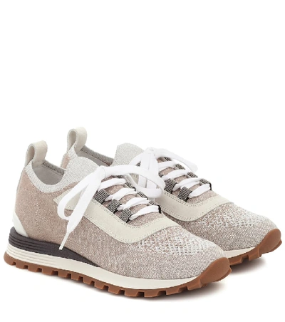 Brunello Cucinelli Bead-embellished Metallic Stretch-knit, Suede And Leather Sneakers In Cipria