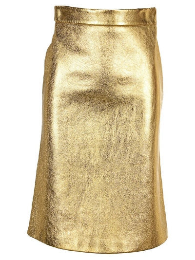 Prada Leather Metallic Straight Midi-skirt In Gold