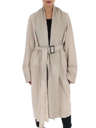 Rick Owens Mountain Belted Brushed-leather Coat In Off-white