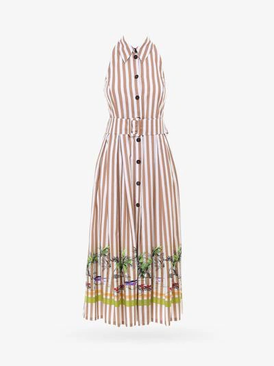 Erika Cavallini Muriel Dress American Neck W/stripes And Print In Beige