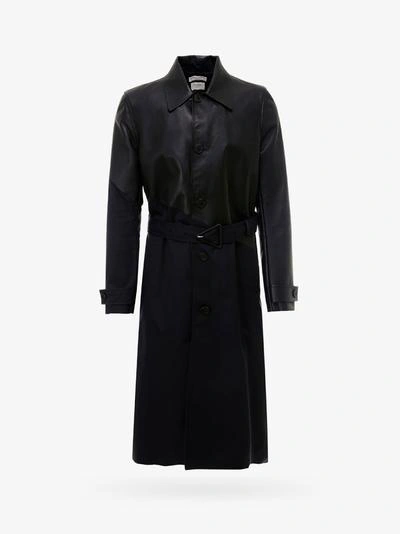 Bottega Veneta Asymmetric Trench Coat In Leather And Gabardine In Blue,black