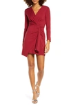 FRAICHE BY J LONG SLEEVE RUCHED FAUX WRAP MINIDRESS,FD 2562