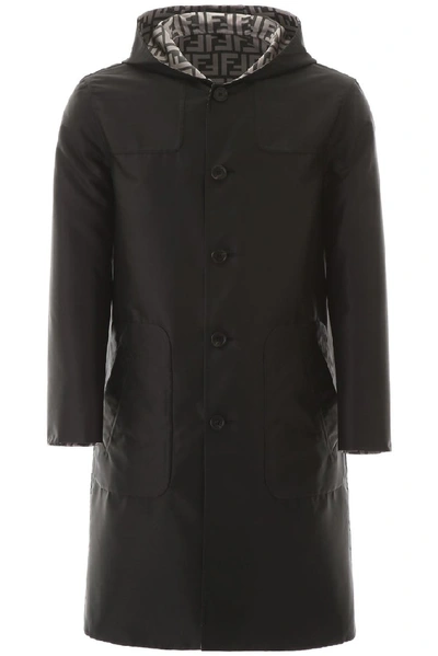 Fendi Reversible Coat With Logo In Black,grey