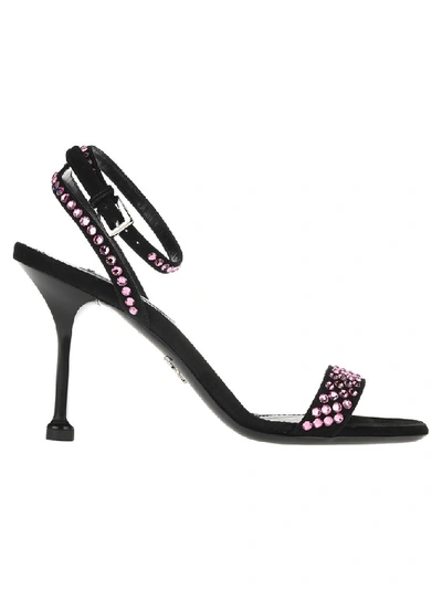 Prada Crystals Embellished Sandals In Black + Pink