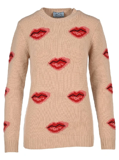 Prada Lip Printed Sweater In Beige