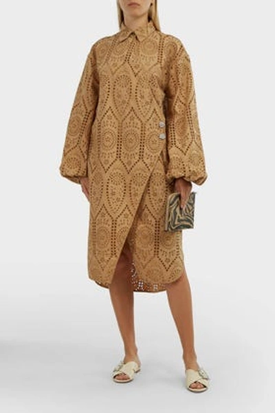 Ganni Broderie Anglaise Wrap Dress In Brown