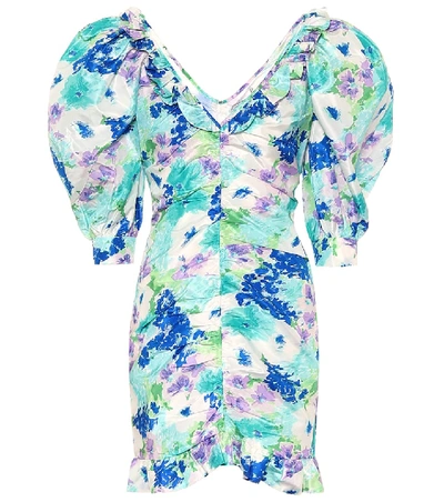 Alessandra Rich Floral Print Mini Bow Dress In Turquoise