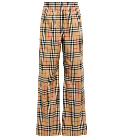 Burberry Stretch Cotton Pants With Check Pattern And Lateral Bands In Archive Beige